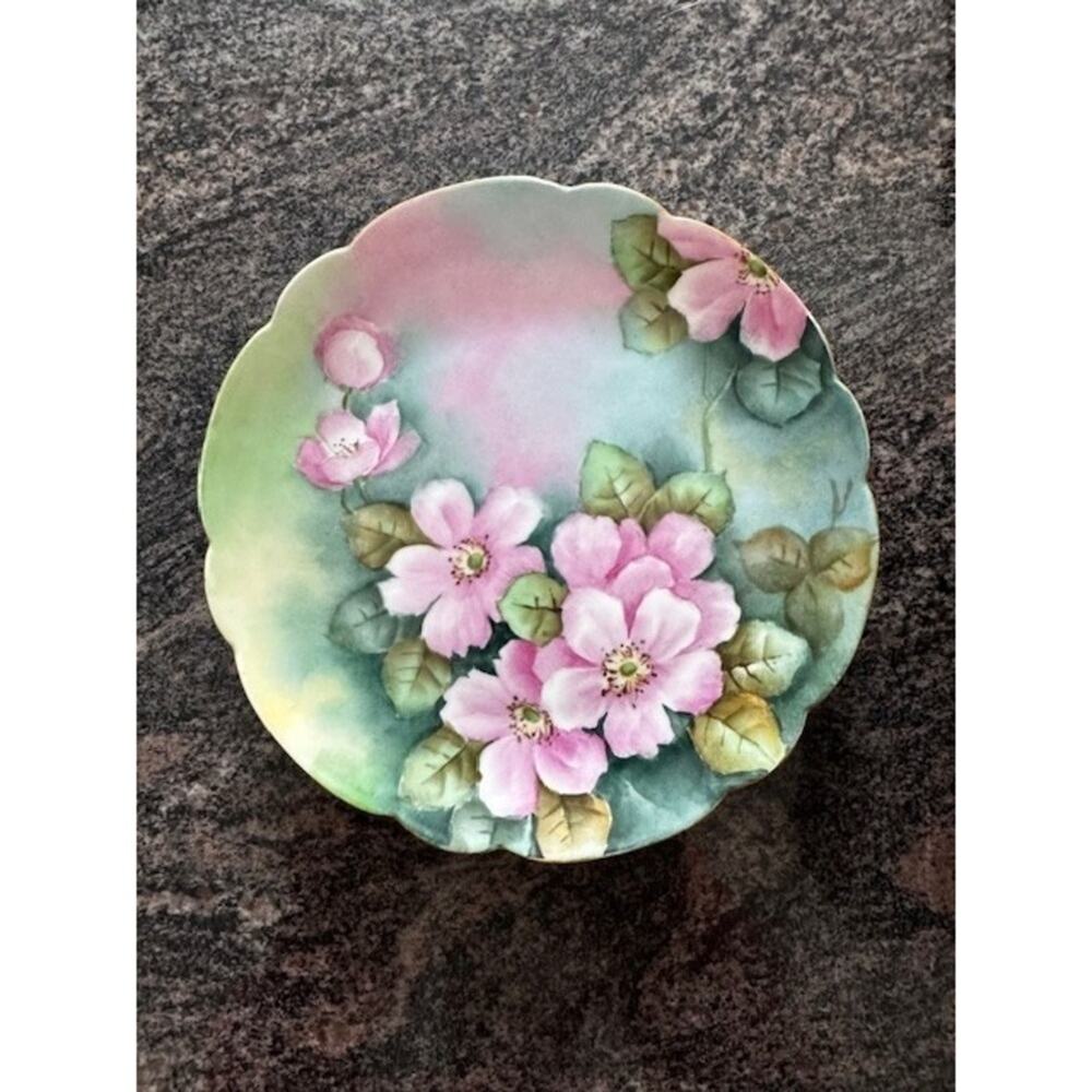 Antique Limoges France Hand Painted Floral Plate 6.5" Pink Flowers Signed Fess